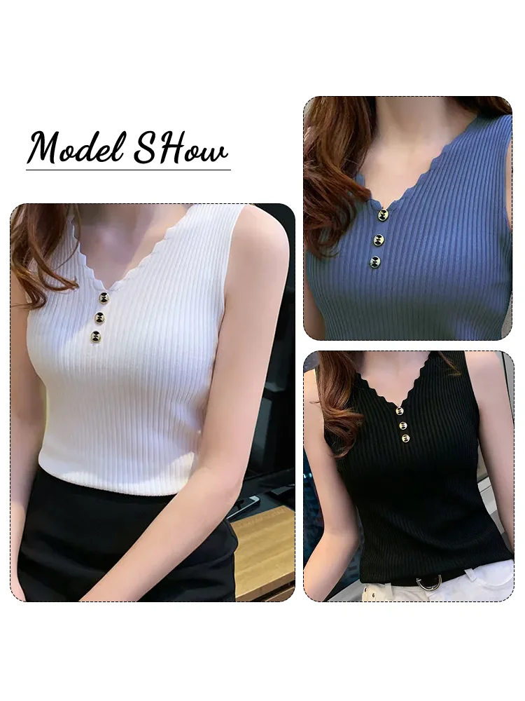 Korean Japanese Style Women's Ice Silk Camisole Tank Top, Summer Knit Basic Tee, V-Neck Button Down Trendy Ladies Top