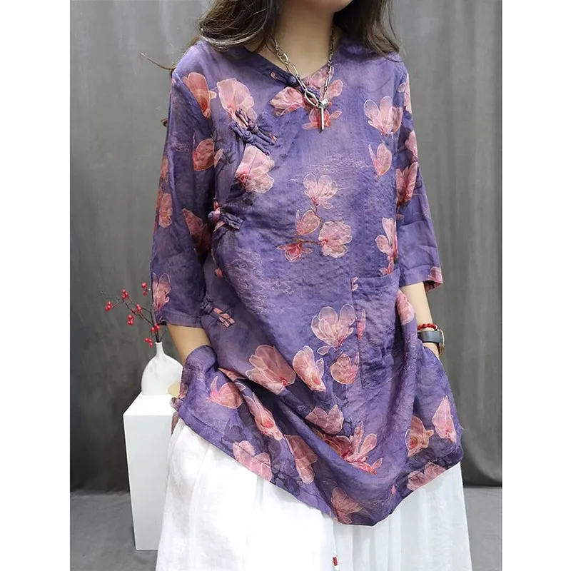 

2024 New Arrival Summer Loose Fit O-neck Three Quarter Sleeve Blouse Casual Floral Print Single Breasted Cotton Shirts S195