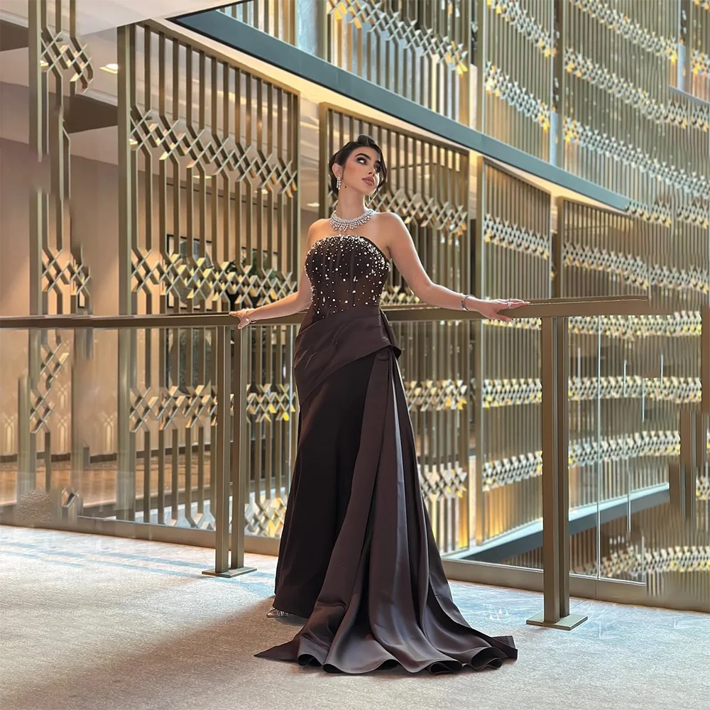 

Коричневое длинное платье для выпускного вечера с кристаллами без бретелек, атласные элегантные вечерние платья Русалка длиной до пола, вечерние платья по индивидуальному заказу