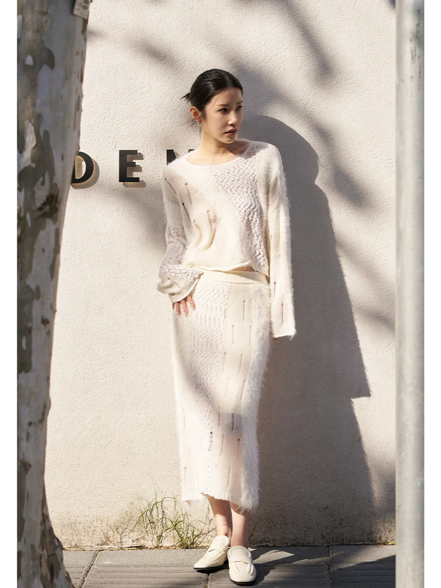 

Комплект: белый вязаный свитер и юбка из двойного трикотажа с добавлением шерсти, весна 2025, женский ансамбль JXu