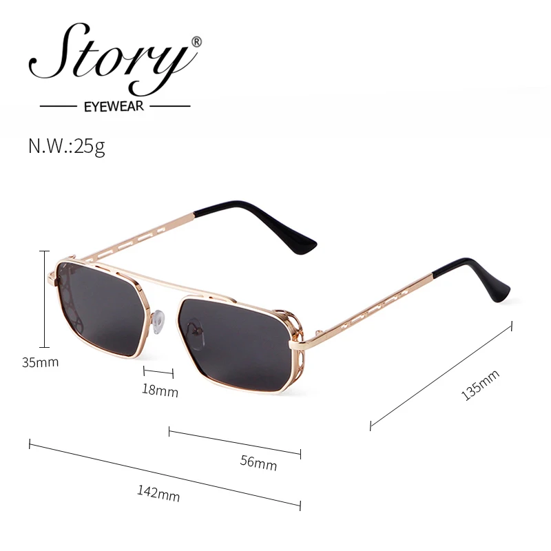 STORY Fashion Vintage Rectangle Steam Punk Sunglasses Men Women 2022 Brand Designer Retro Trendy Red Lens Sun Glasses Male S3550