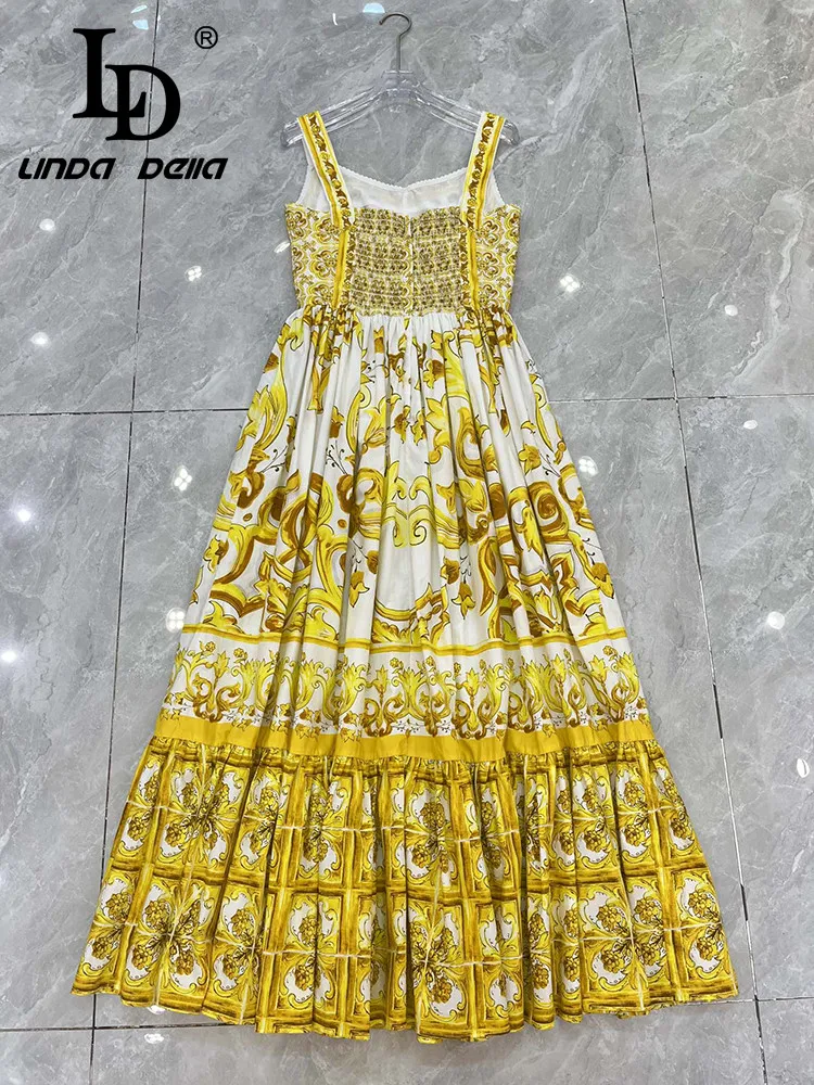 LD LINDA DELLA Fashion Designer Summer Dress Women Vintage Print Guipure Ruched Spaghetti Strap Temperament Elastic Waist Dress