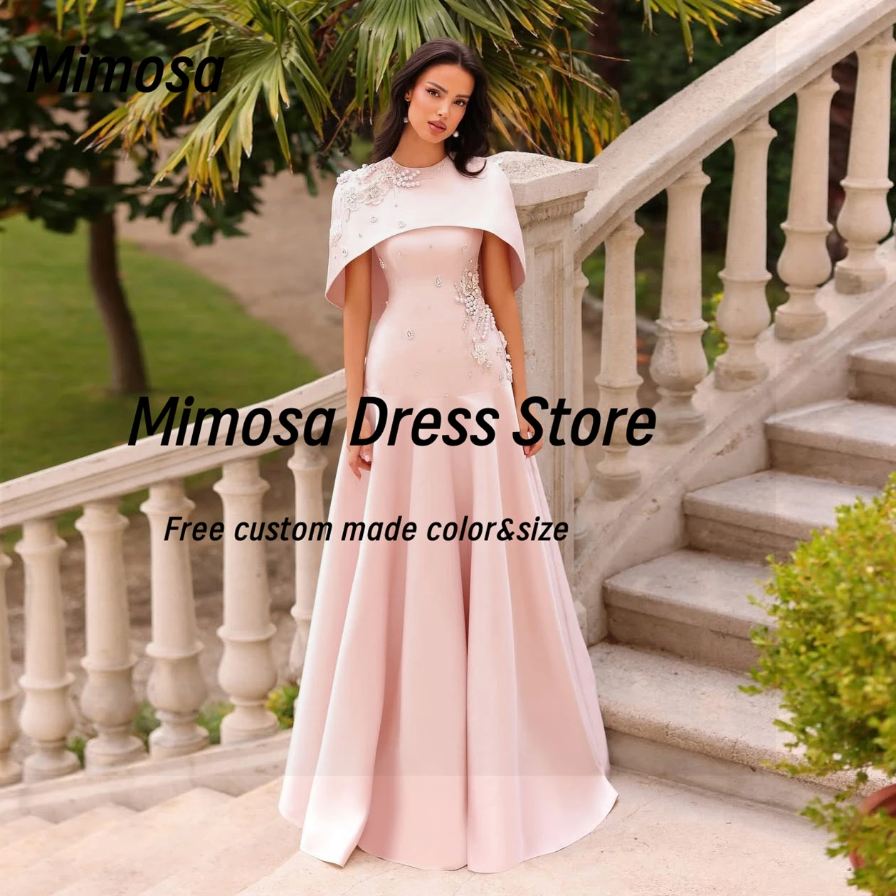 

Mimosa Jewel Neck Evening Dresses with Shawl Beaded Formal Occasion Dress Zipper Back Evening Party Bride Gowns Customized