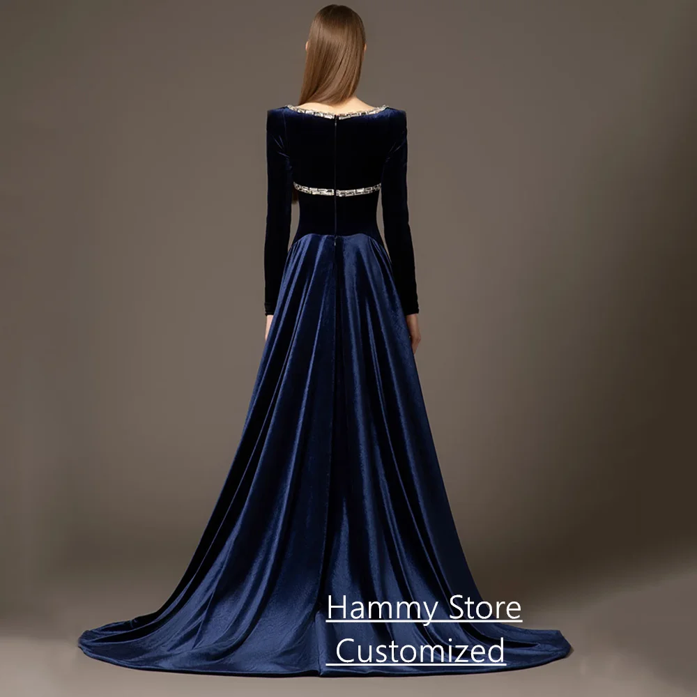 فستان سهرة بحري عربي مخصص بأكمام طويلة ورقبة مربعة فضية وحجر كريستال سويب تراين فستان حفلة عربية سعودية #2