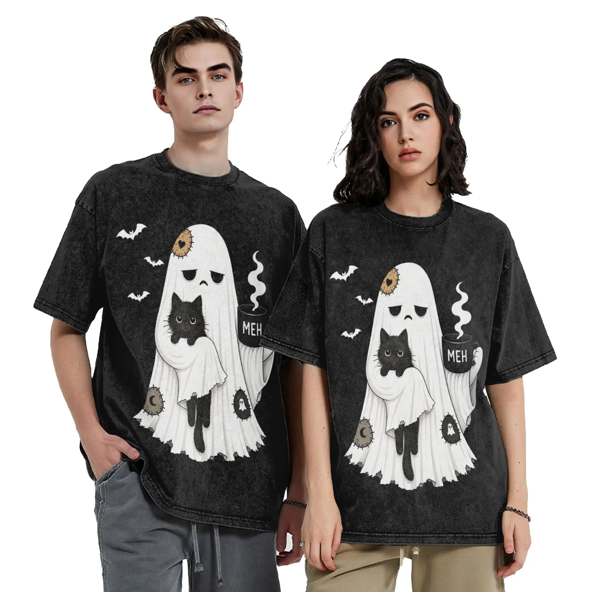 Spooky Ghost Holding Black Cat Coffee Lover Washed T Shirts Retro T-Shirt Halloween Tees Men Women 100% Cotton Oversize Summer