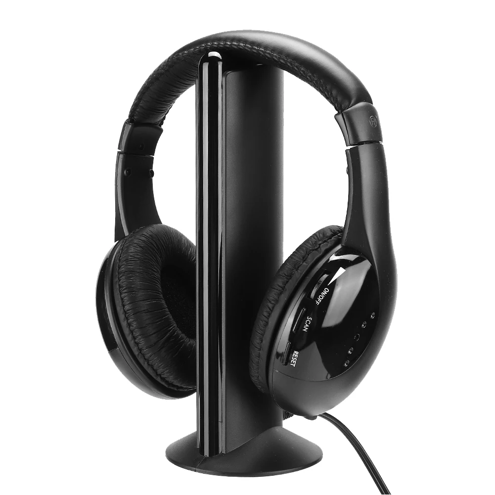 سماعة رأس لاسلكية FM مع حامل شحن ، ميكروفون مدمج ، سماعة أذن 5 في 1