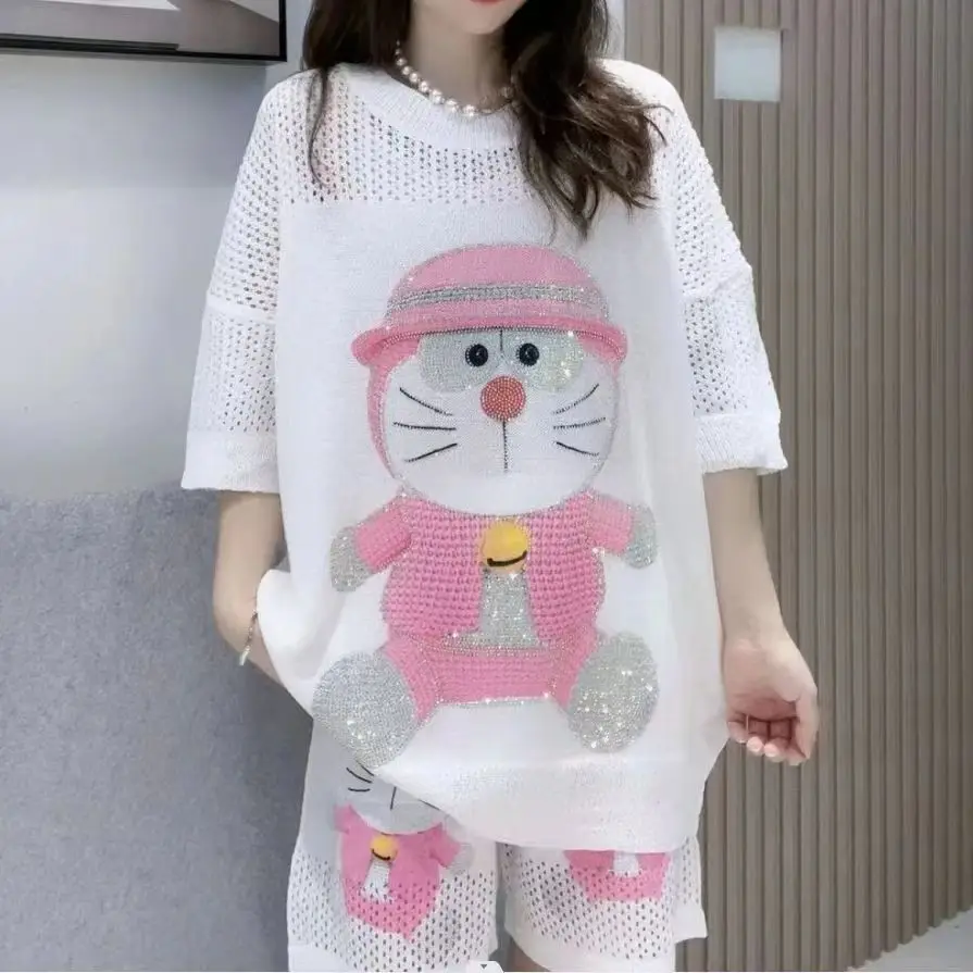 

2023 Two Piece Sets Womens Outfits Hollow Out Cartoon Diamonds Short Sets Casual Knitting Tops and Shorts Летние Костюмы Женские