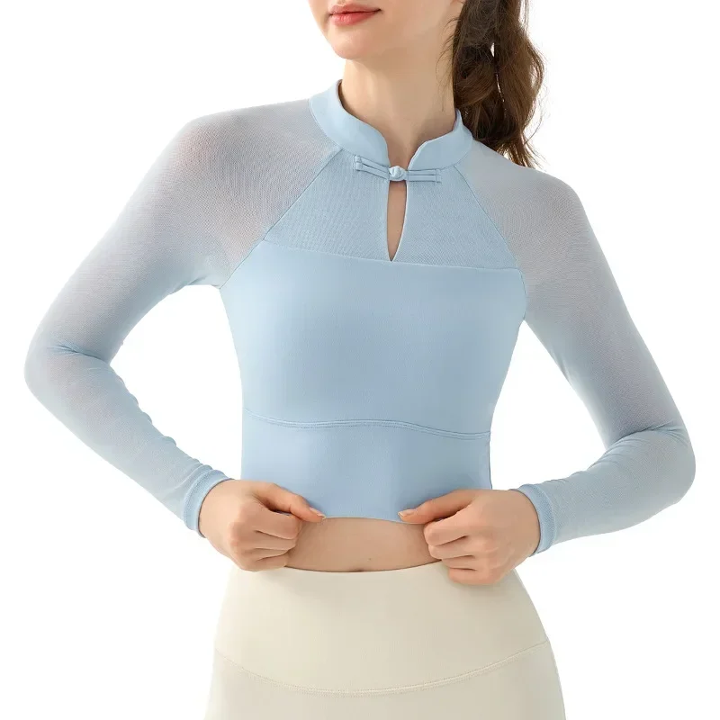 Sexy Fitness Top Women Long Sleeve with Chest Pads Slim-fitting Soft Sports Blouse Disc Buckle Stand-up Collar New Chinese Tops