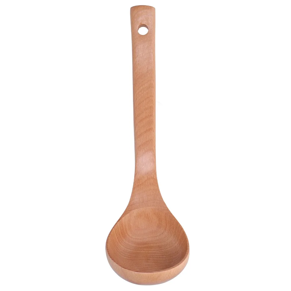 Solid Wood Wooden Spoon Wood Grain Texture Smooth Sanded Stirring Ladle Rounded Spoon Extra Long Handle Cooking Spoon Kitchen