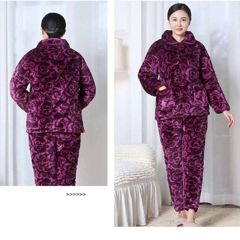 Middle Aged Elderly Winter Cotton Padded Pajamas Three Layers Thickened Coral Velvet Homewear Women's Oversized Loungewear Set