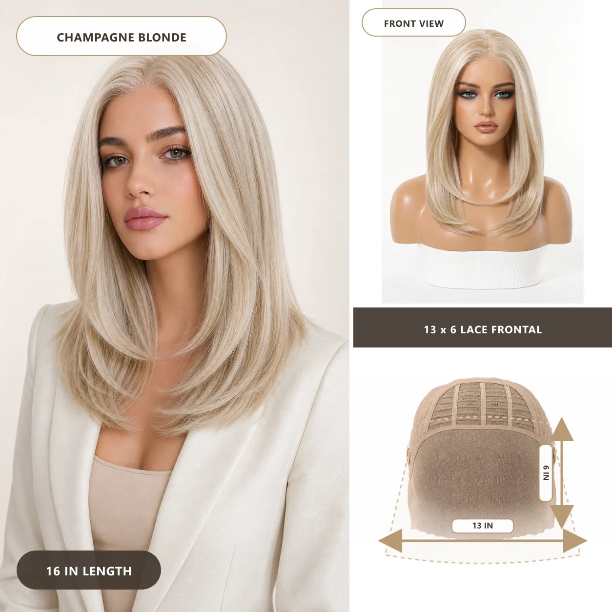 16 Inch Champagne Blonde 13x6 Lace FrontalSynthetic Hair Wigs Straight Layered Glueless Pre Plucked Natural Hairline Wigs Women