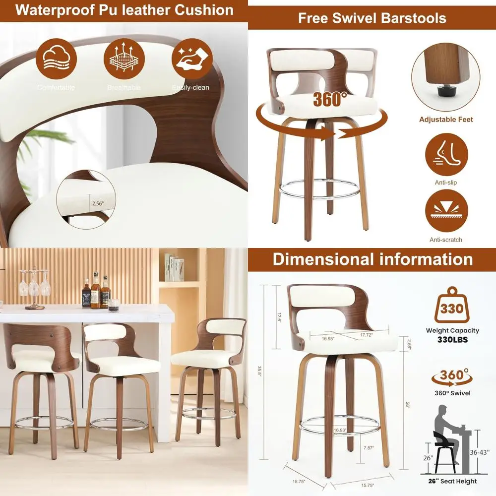 

White Leather Swivel Bar Stools with Bentwood Legs, Set of 4 for Kitchen or Restaurant, 26 Counter Height
