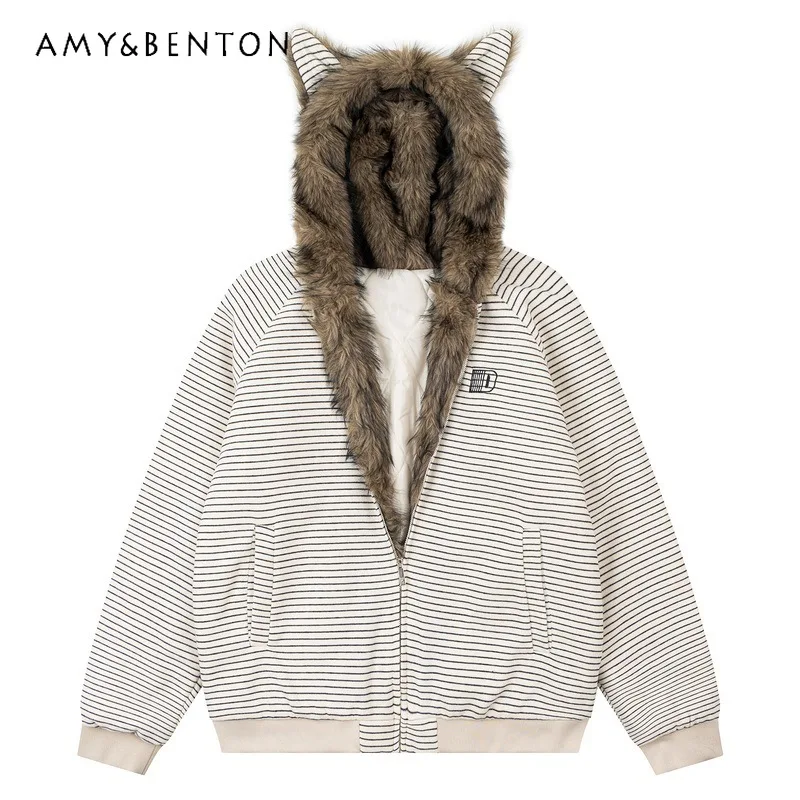 

Korean Retro Design Striped Animal Ear Hooded Women's Jacket 2025 Winter New Loose Thickened Cotton-Padded Warm Jackets Ladies