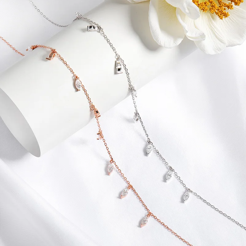 Kalung Moissanite Potongan Marquise 3*6mm Bersertifikat Smyoue, Liontin 9 Batu Permata, Hadiah untuk Wanita, Rantai Berlian Laboratorium, 100% Perak Murni 925 Asli