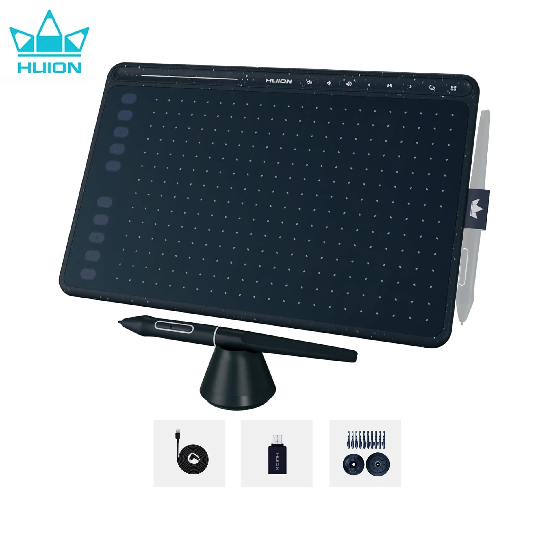 Tablet graficzny HUION HS611 10x6.5 Calowy tablet rysunkowy do 3-kolorowego, z 18-ekspresowym paskiem dotykowym muzyki, bezbateriowy długopis cyfrowy, kompatybilny z telefonem Android, Linux, MacOS, Windows System