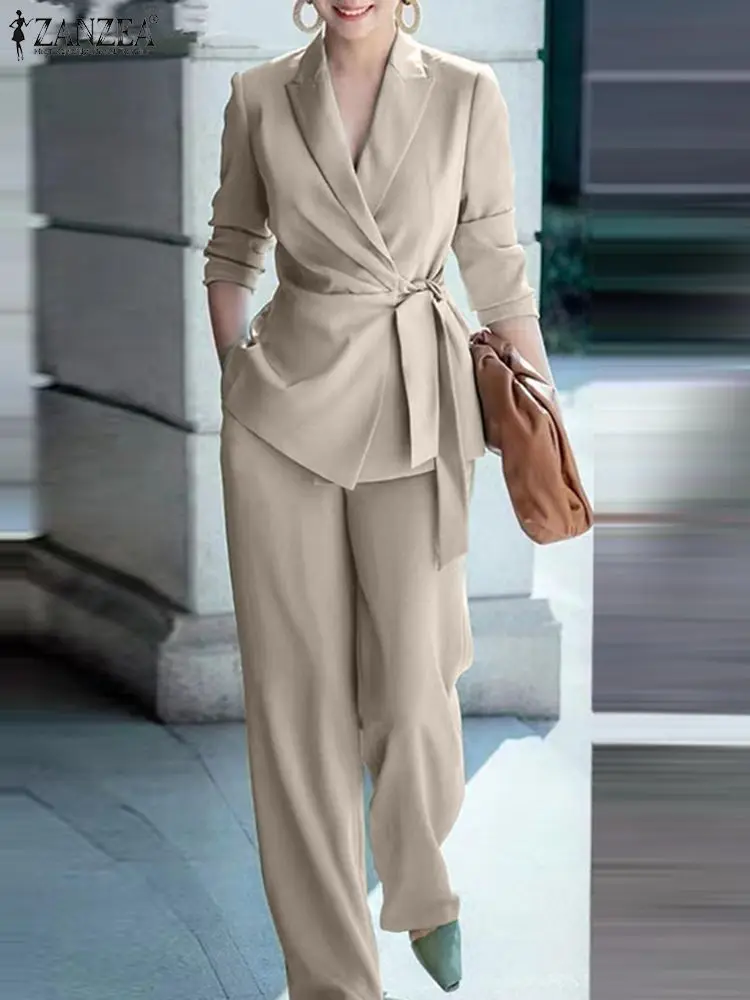 ZANZEA Elegant OL Work Suit Women Solid Blazer & Wide Leg Pant Sets Fashion 2PCS Tracksuits Ladies Office Outfits Oversize