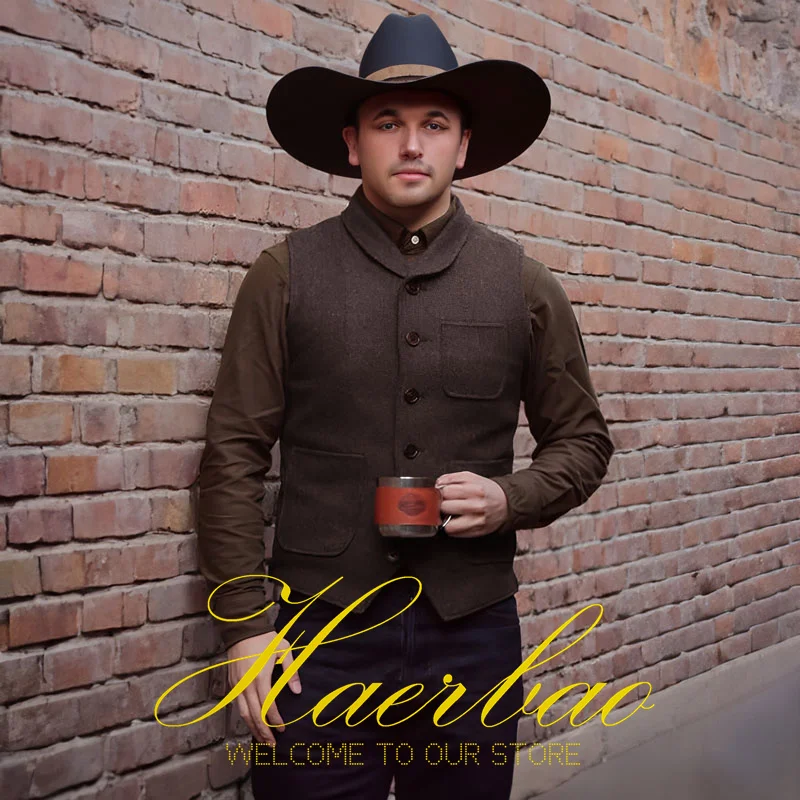 Brown Vest for Men Single Breasted Herringbone Sleeveless Jacket Crewneck Waistcoat Groom chaleco hombre