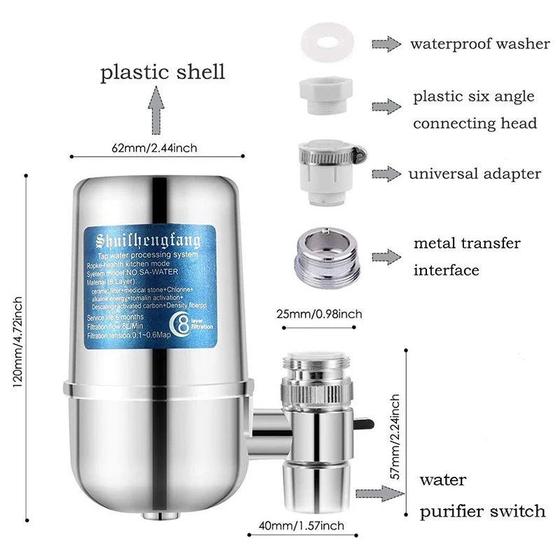 Kraanwaterfilter, kraanwaterzuiveraar 8-laags zuivering Keramiek Verwijder zware metalen, fluoride, geschikt