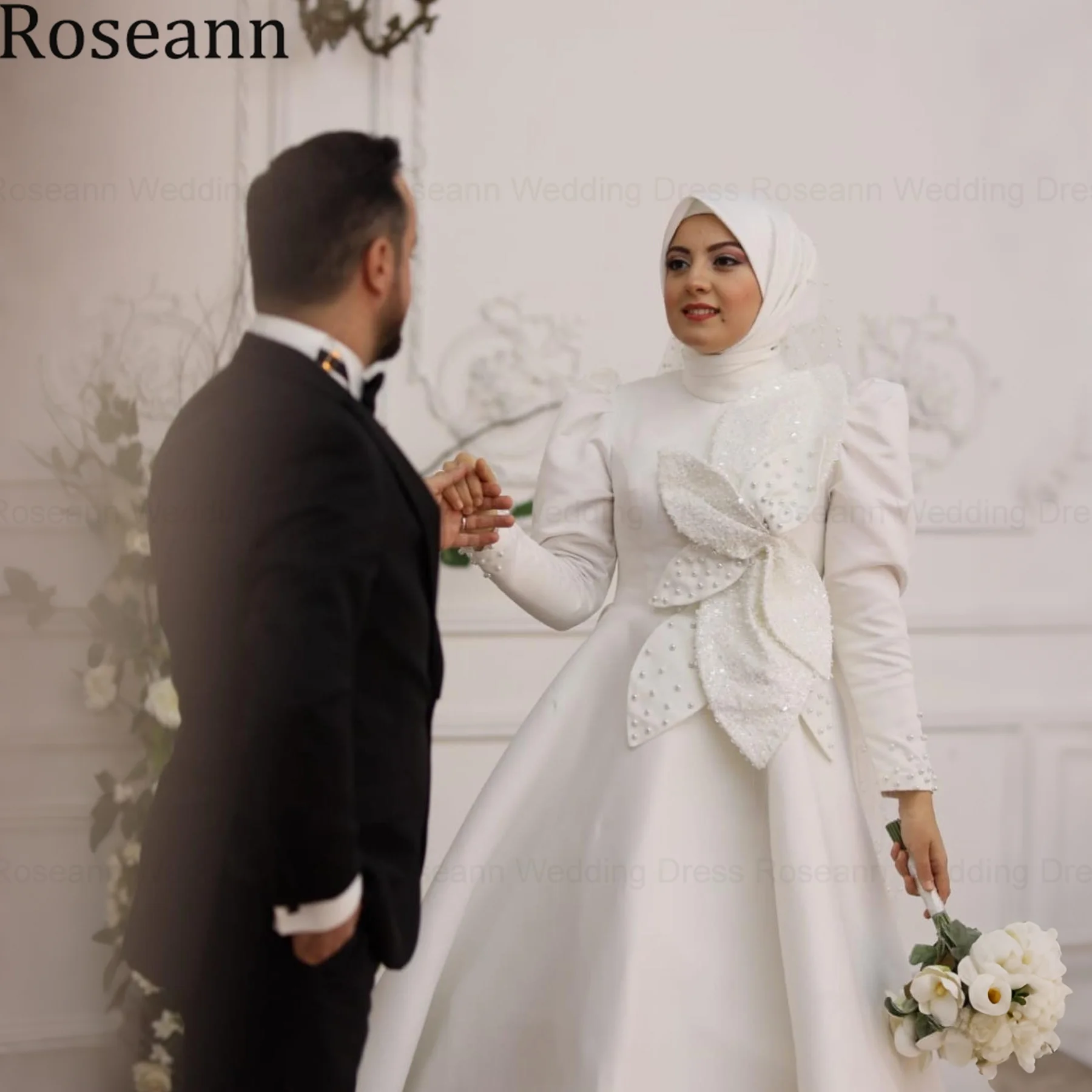 Roseann Wedding Dress Modest Satin Muslim High Neck Puff Long Sleeve Beaded Pearl Bow amanda novias Islamic Ball Gown Customized