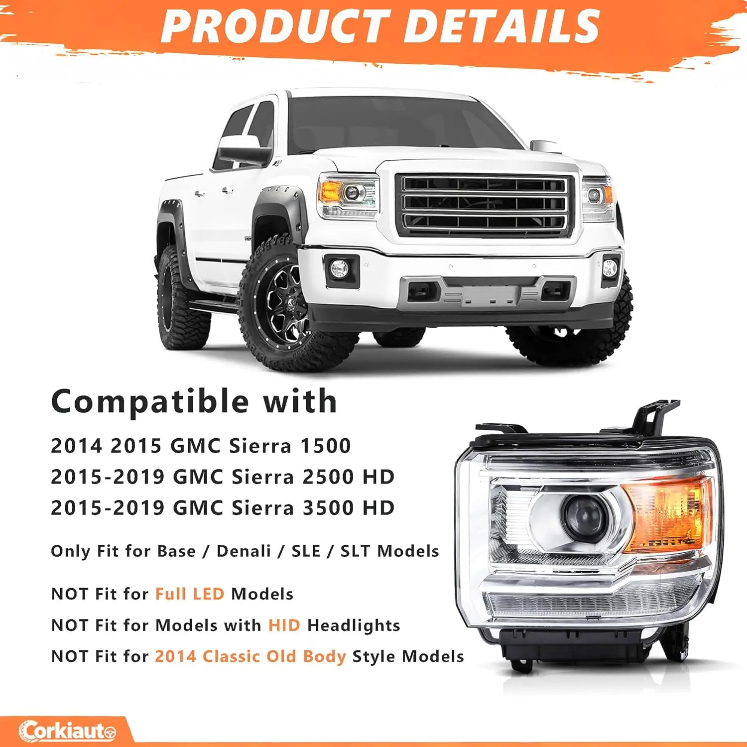 LED DRL Headlight Assembly Compatible with 2014-2018 GMC Sierra 1500 / 2015-2019 GMC Sierra 2500HD 3500HD, Replacement Headlamp