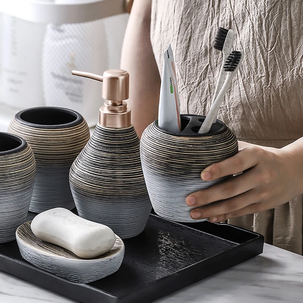 

Black White Ceramic Bathroom 5-Piece Set with Tray, Retro Striped Lotion Toothbrush Holder Desktop Organizer