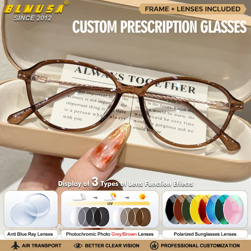 BLMUSA Women New Trendy Oval Frame Photochromic Myopia Glasses Currents Versatile Anti Blue Ray Progressive Prescription Eyeware
