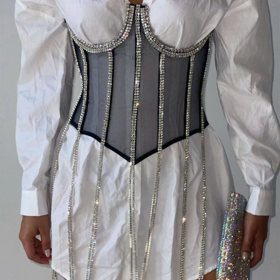 Dámská diamant korzet nejvyšší pás tuleň průhledná sexy štíhlý korzet drahokamu embellished boned korzet pletivo underbust prsatější