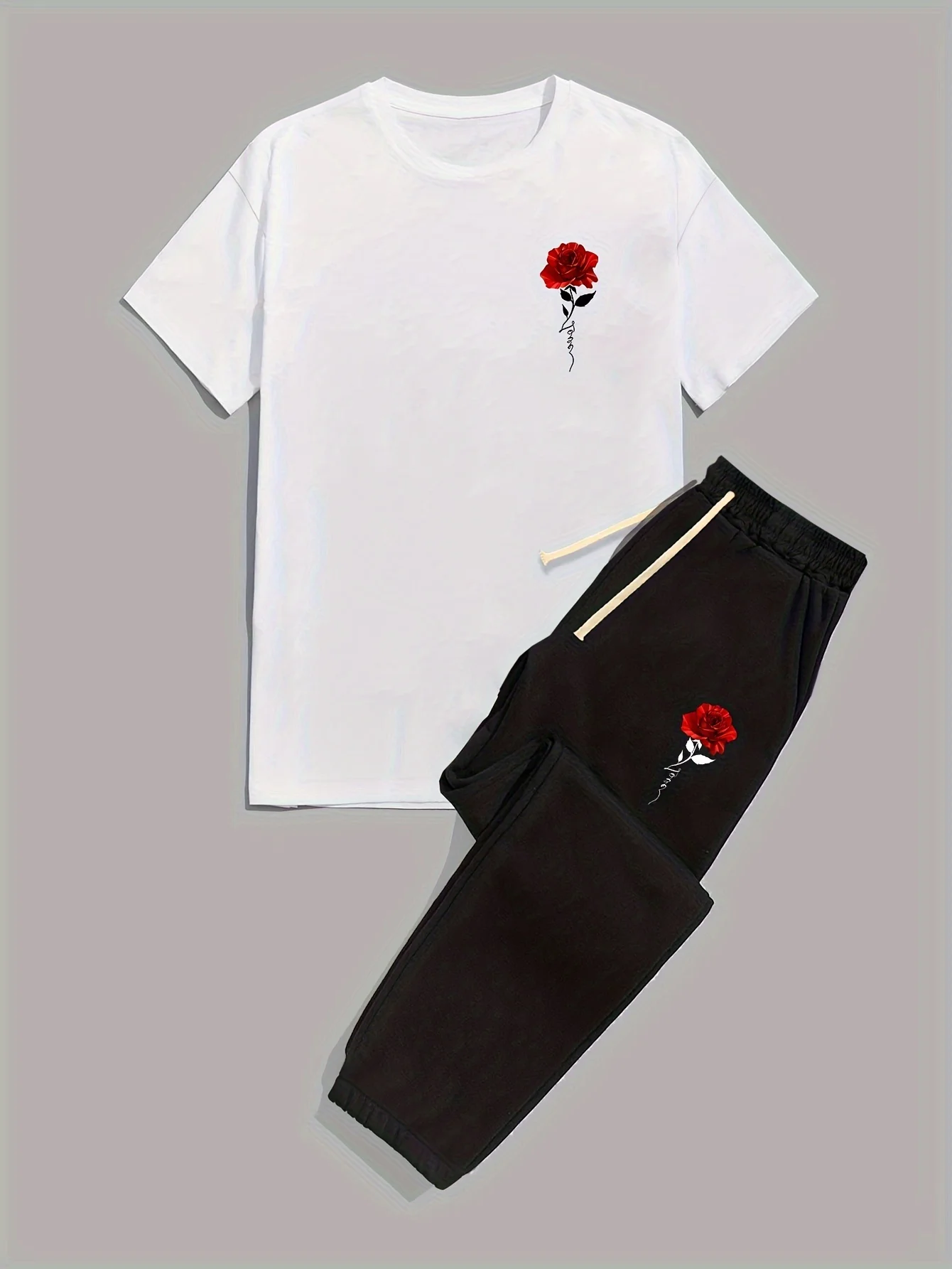 Men's fashion new summer rose print breathable and comfortable round neck T-shirt pants set outdoor street casual clothing