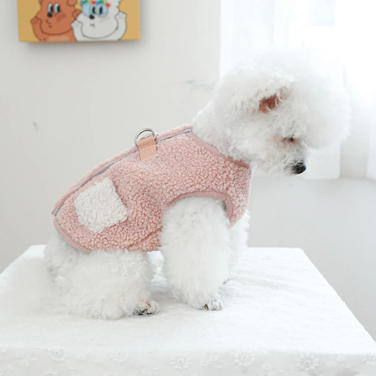 1PC Pet Clothing Autumn/Winter Plush Thick Pocket Chest Back Vest Pink Coat Suitable for Small and Medium Dogs