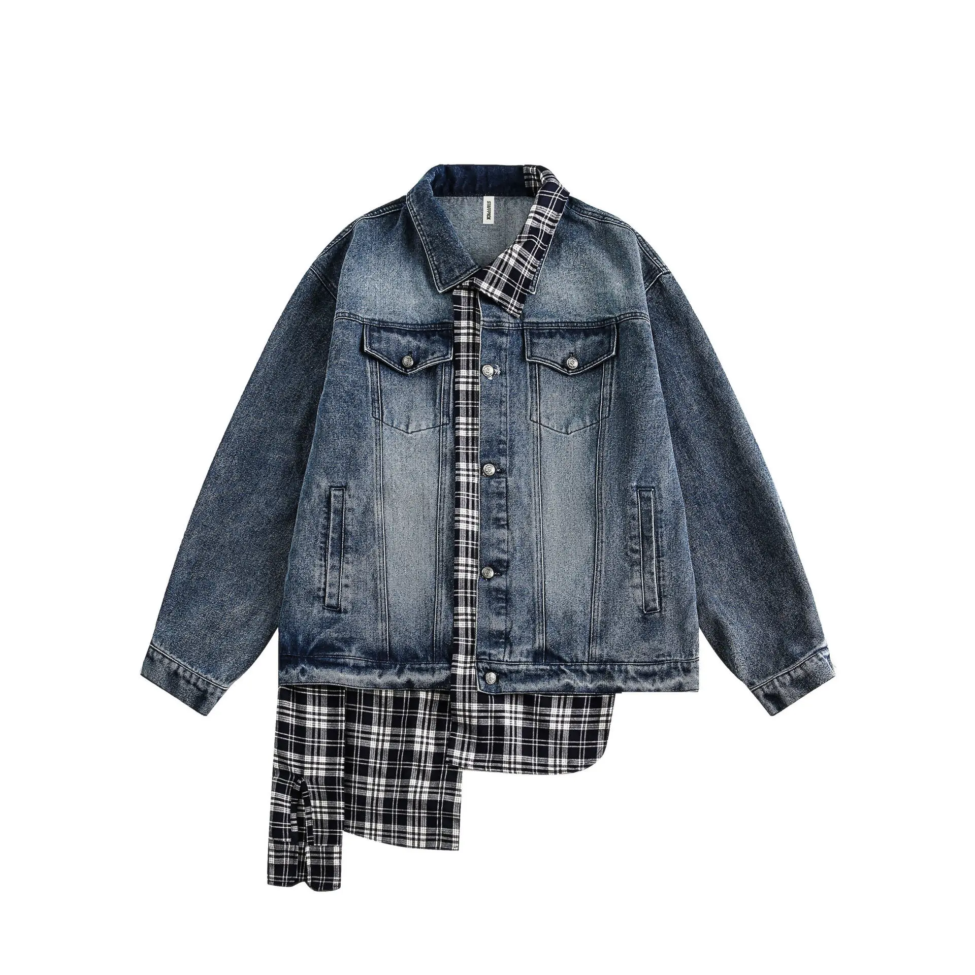 

SuperAen 2024 Autumn New American Retro Patchwork Plaid Fashion Denim Jacket for Women High Street Oversize Casual Loose Jacket