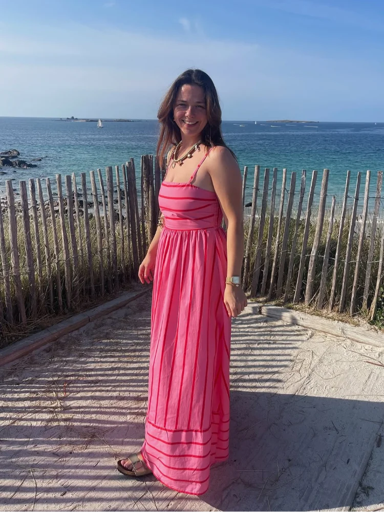 

Casual Striped Sling Long Dress Women Sexy Sleeveless Off-shoulder Waist Cinching Dresses 2026 Summer Lady Vacation Beach Gowns