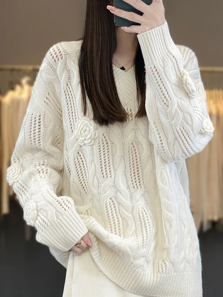 New Arrivals Large Size 100% Merino Wool Hollow Out Women's Sweater O-Neck Pullovers Knitted Jumpers Lady Clothes Fashion Trends