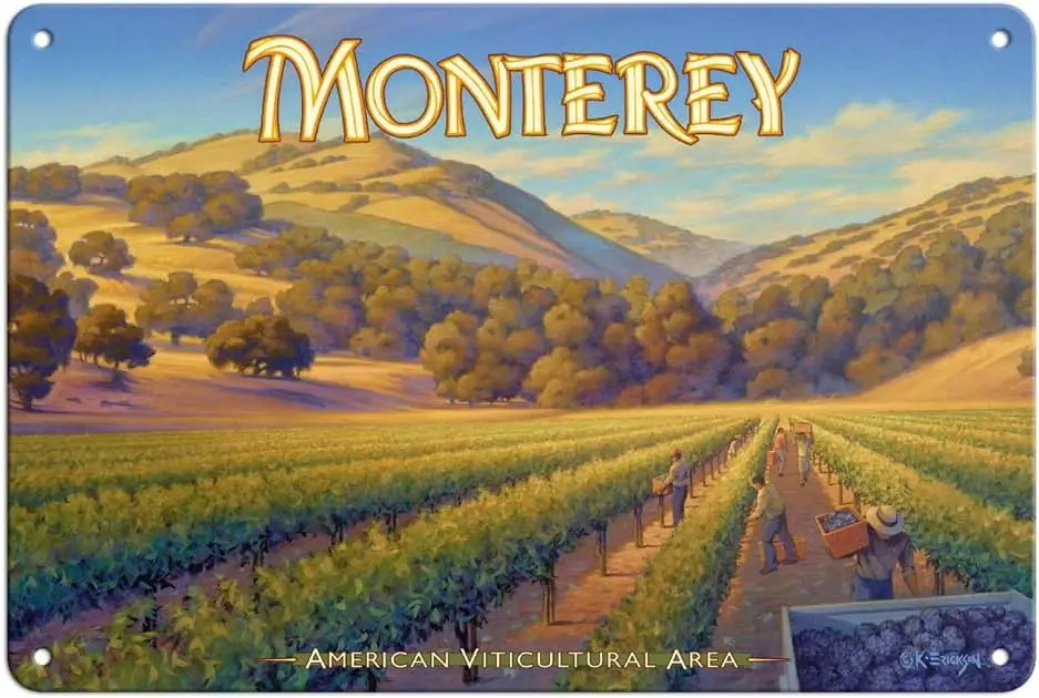 Monterey Wineries - California Vineyards Wine Country Art by Kerne Erickson - 8 x 12 inch Vintage Metal Tin Sign sign sign