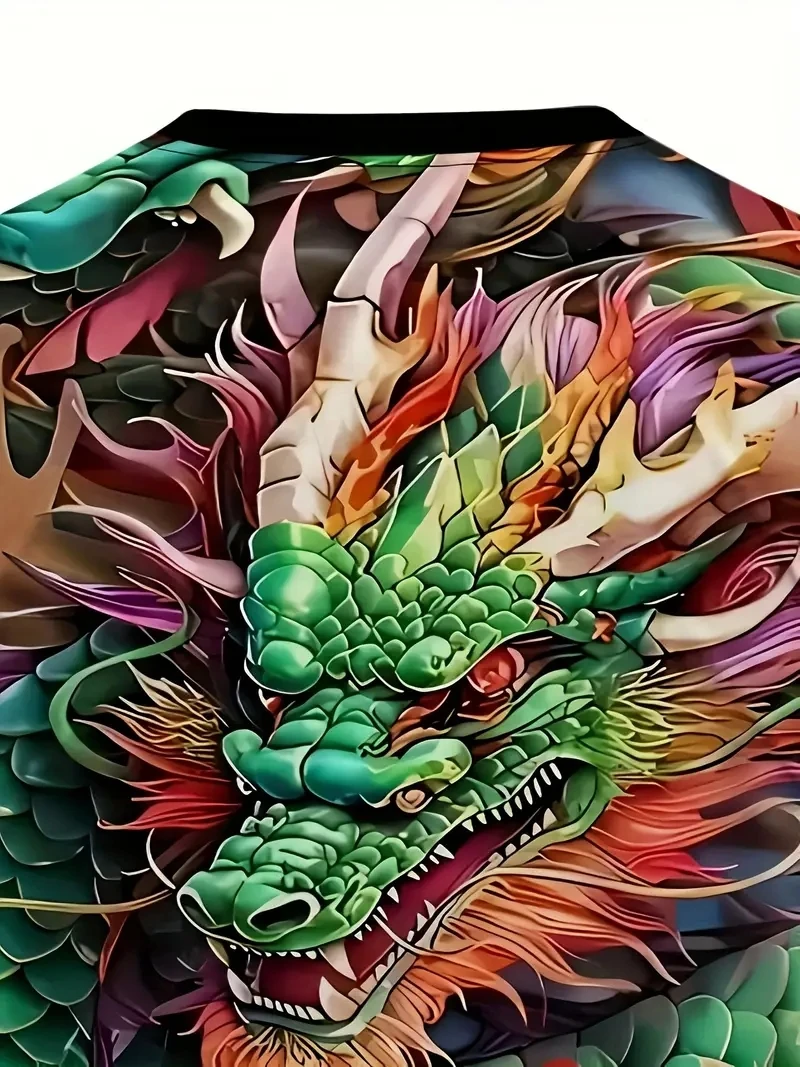 Kaos Pria Ukuran Besar Motif Naga 3D Kasual Longgar dan Modis Lengan Pendek, Lembut, Nyaman, dan Bernapas