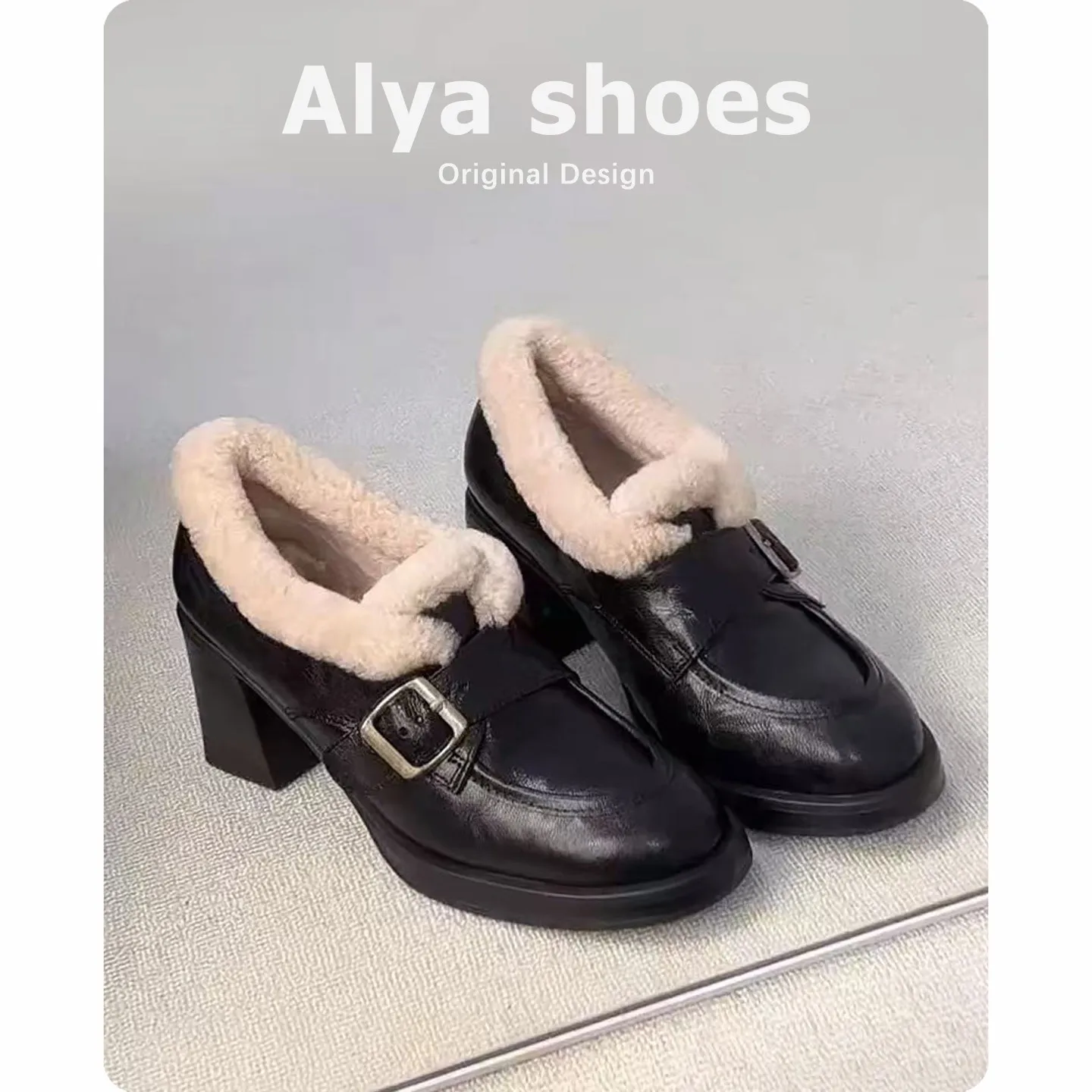 

Новинка 2026, осенние и зимние женские лоферы с пряжкой в британском стиле, теплые меховые туфли на флисовой подкладке на массивном каблуке