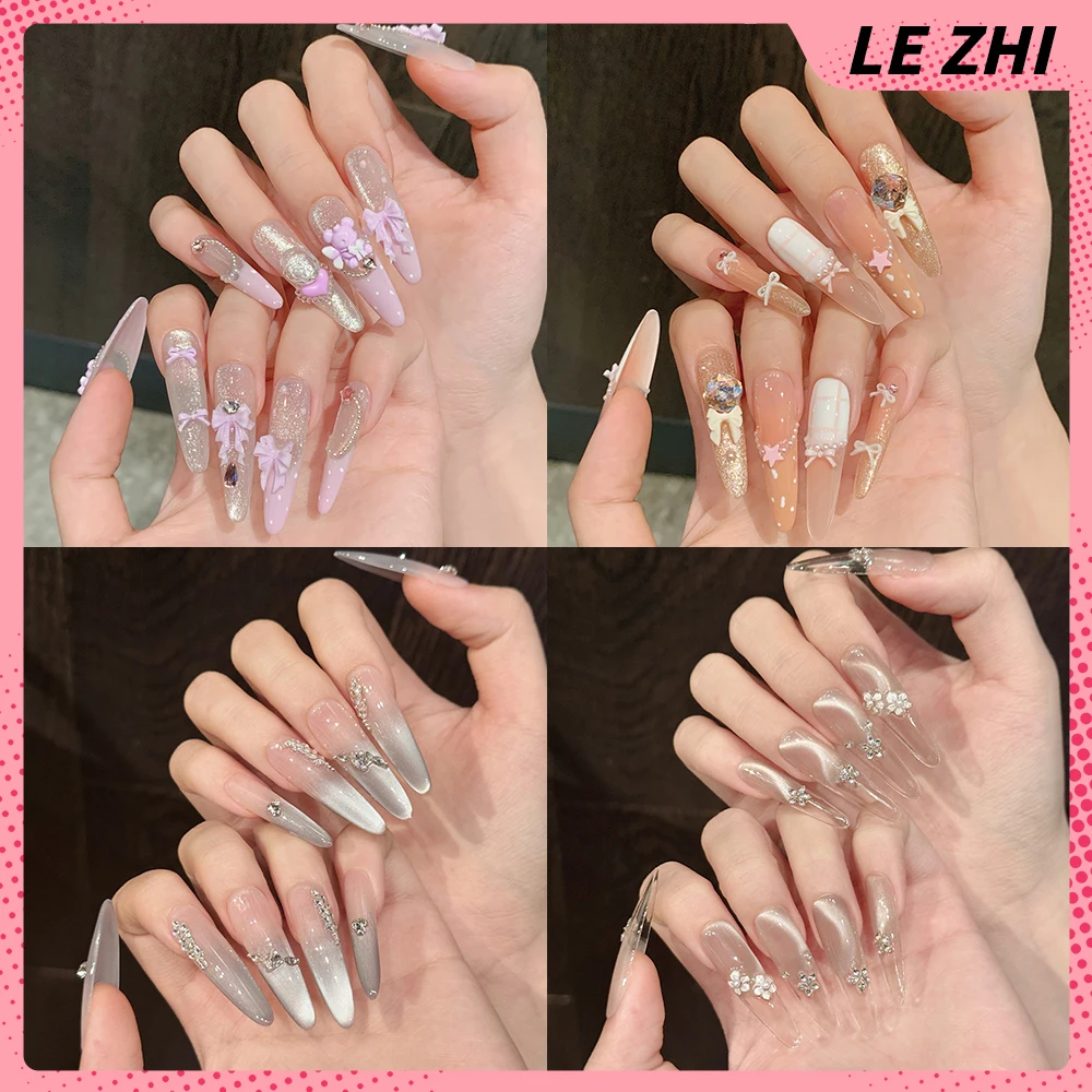 

Fashion Long Stiletto Coffin Shining Rhinestone Fake Nails Bowknot Pearl Flowers Cat Eyes Design Handmade Wearable False Nails