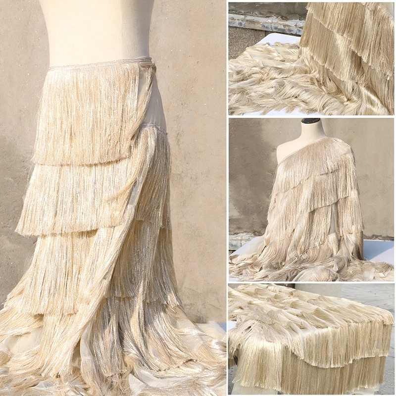 High Density 9 Layer 20cm Hand Tassel Embroidered Mesh Fabric Flowy Lightweight for Stage Performance Costume Dance Dress