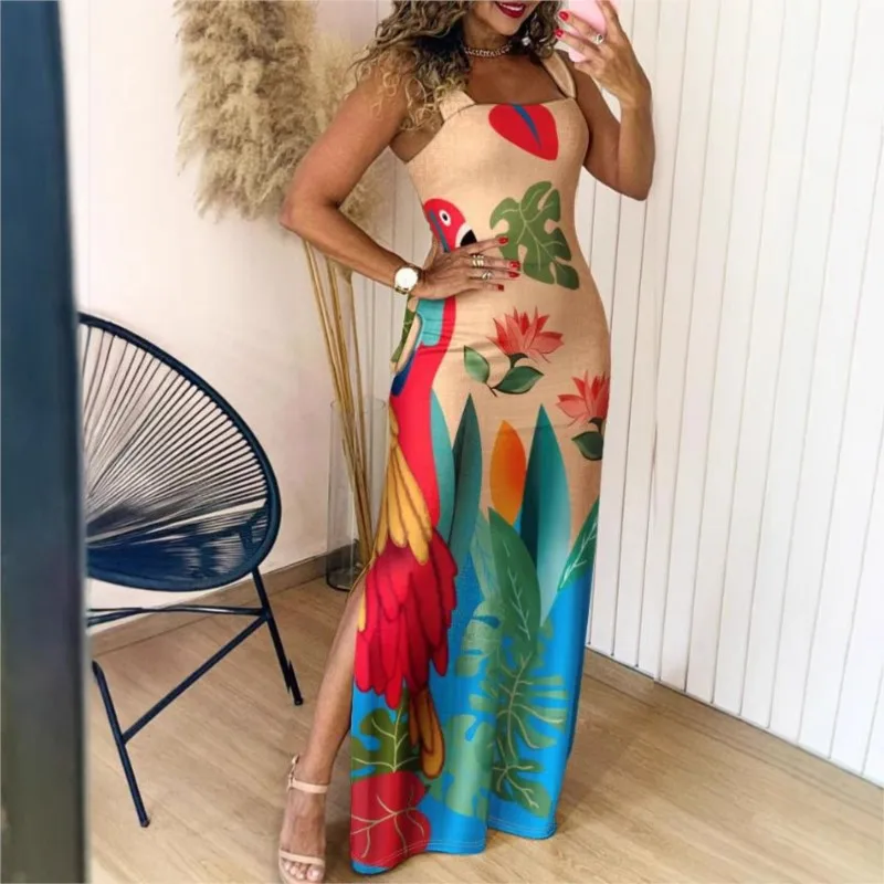 Boho Womens Summer Dress Retro Print Casual Slim Slit Square Neck Sleeveless Strappy Elegant Tank Dresses For Women Robe