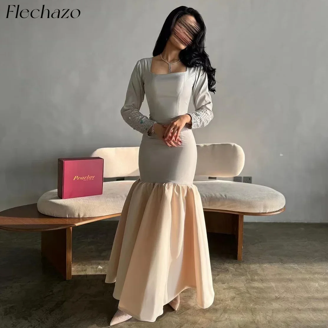 Flechazo New Evening Dresses Square Neck Full Sleeve Beading Mermaid Sheath Formal Occasion Dress For Women 2024 فساتين السهرة