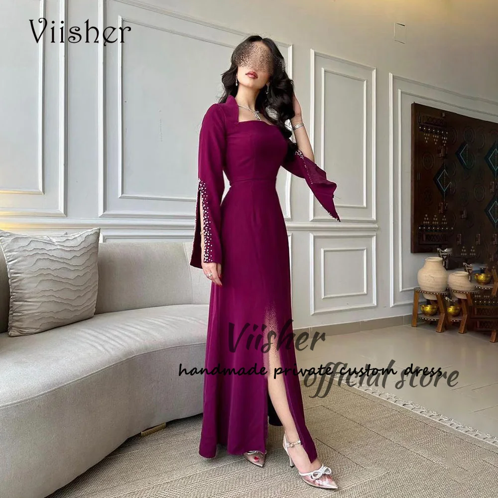 

Viisher Plum Mermaid Evening Dresses with Slit Long Sleeve Square Neck Dubai Arabic Formal Dress Floor Length Prom Gowns