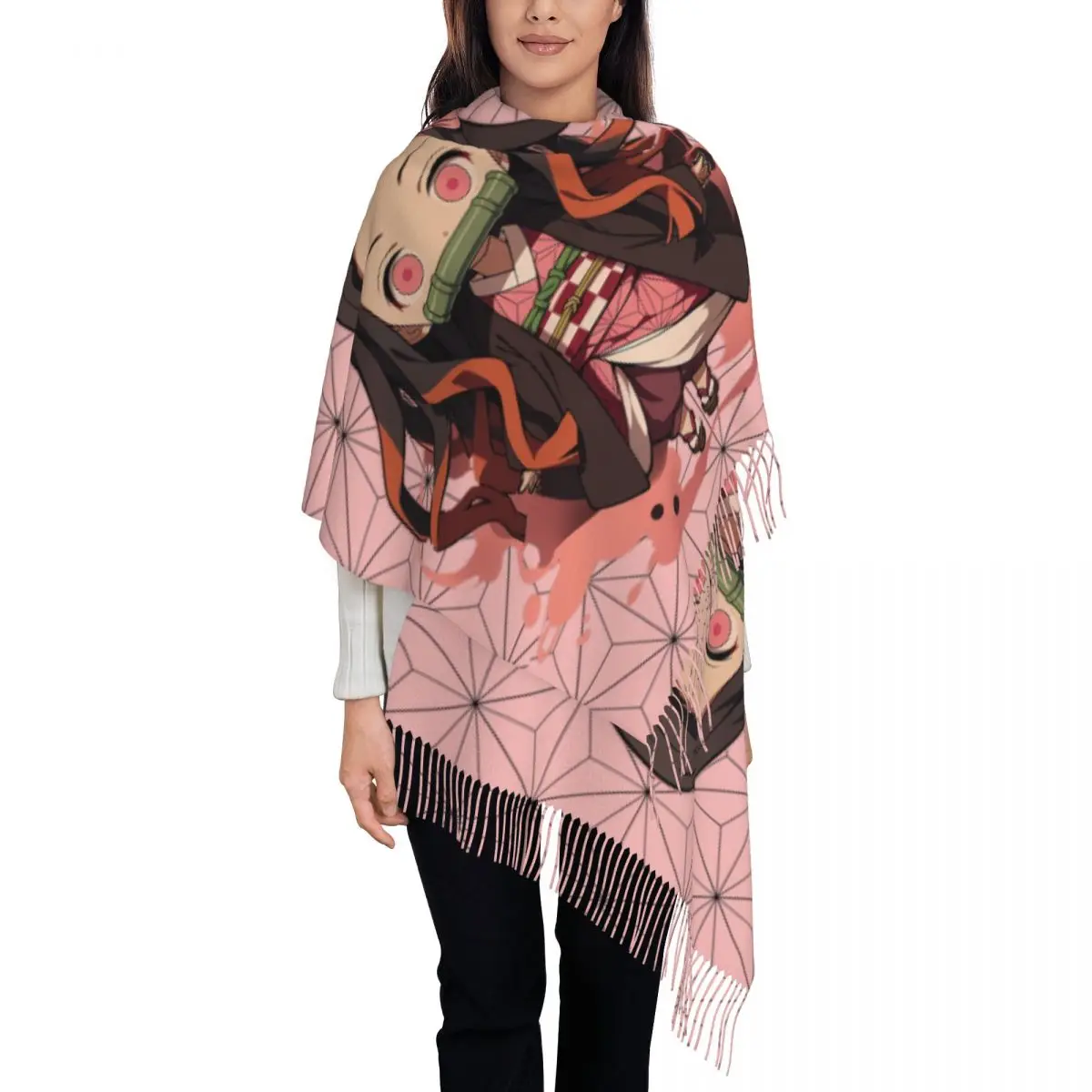 Female Large Demon Slayer Nezuko Scarves Women Winter Fall Thick Warm Tassel Shawl Wrap Kimetsu No Yaiba Scarf