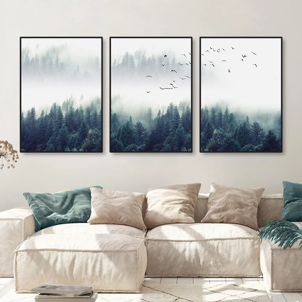 Peinture sur toile de paysage, 3 pièces, forêt brumeuse d'arbres de conifères éphémère, affiche d'art murale, imprimés Giclee, décor de galerie sans cadre