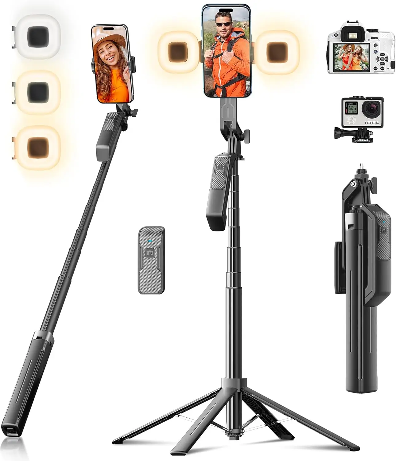 

Selfie Stick Phone Tripod - 71 inch Tall Cell Phone Holder with Detachable Wireless Remote and 2 LED Lights for Recordin