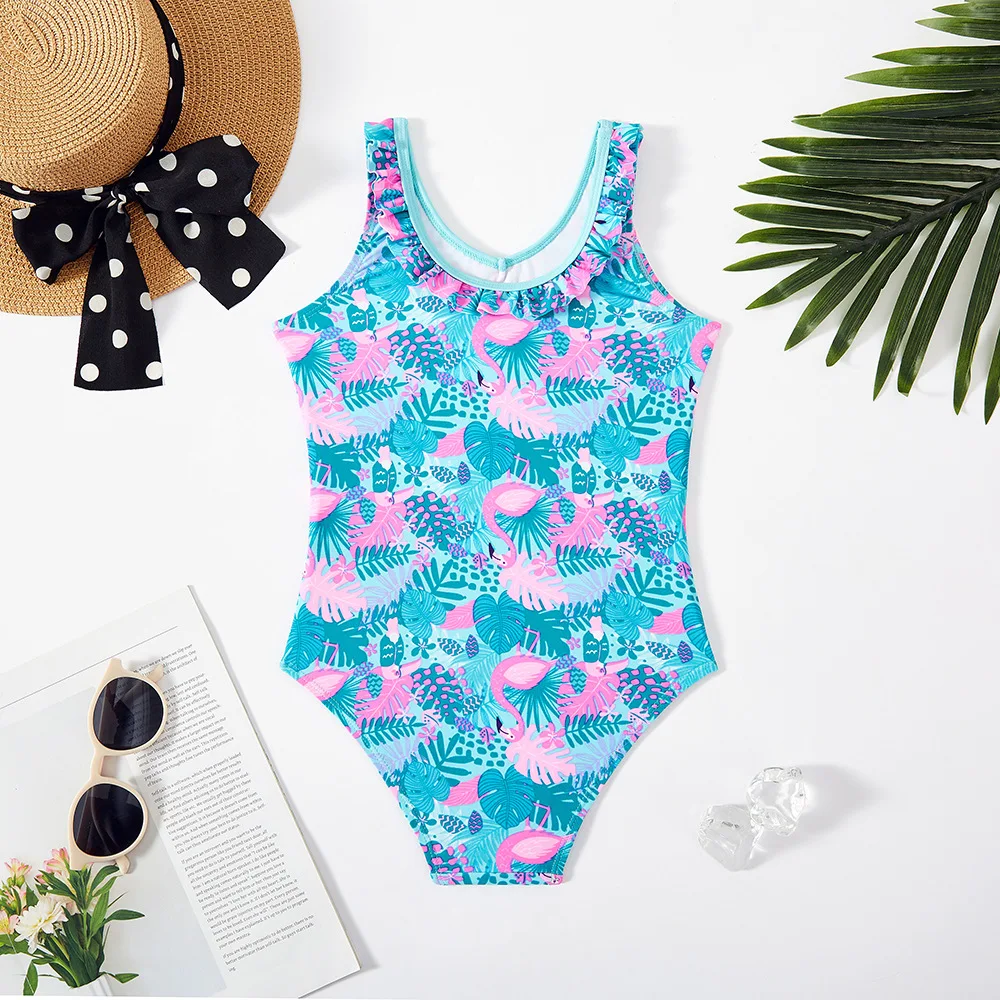 5-14Y Teenager Girls Blue Flamingo Swimsuit One Piece Kids Swimwear Girl Beachwear Kids Bathing Suit Siamese Triangle Bikini