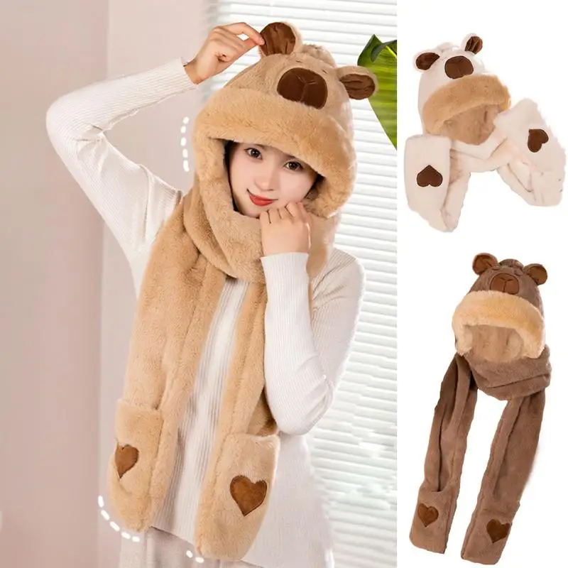 Hooded Scarf With Gloves Capybara Winter Scarf Hoodie Warm Hoodie Hat Scarf Gloves Set Soft Plush Thick Hat For Men Women