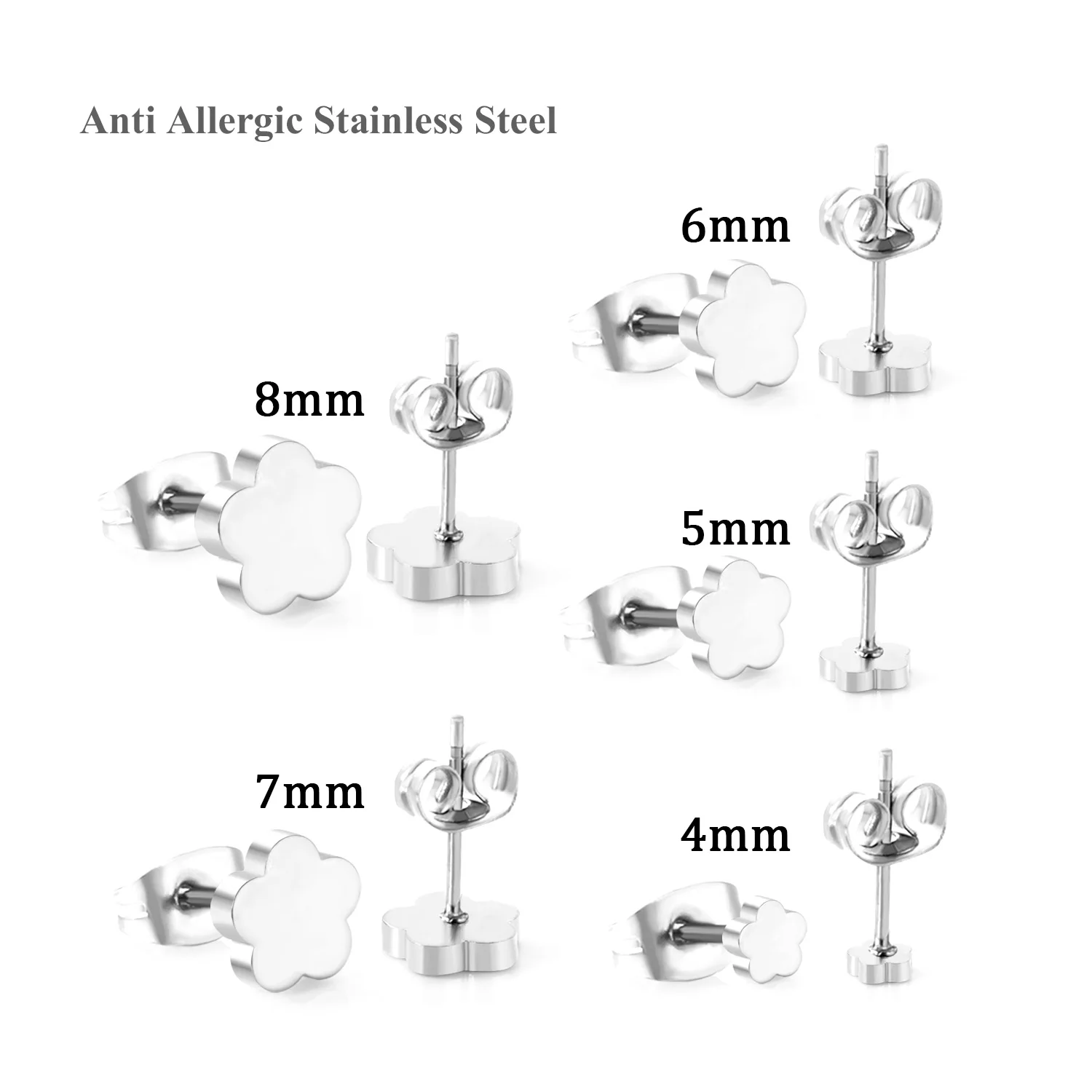 Stainless Steel 4/5/6/7/8/MM Mix Size 5pairs Romantic Flower Stud Earrings Silver Color Five Petal Blossom Earring Set Jewelry
