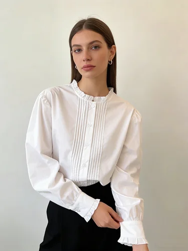 Imagen 2 del producto Blusa blanca con volantes y cuello levantado para mujer, camisa plisada con botones delanteros y mangas largas abombadas, Top informal elegante para oficina para mujer, suave