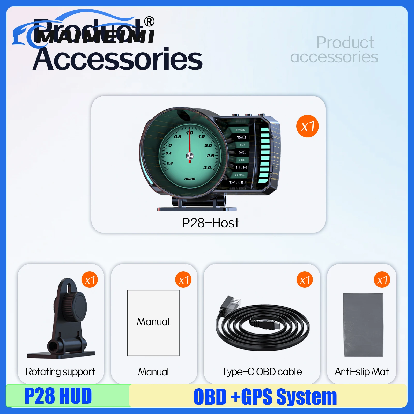 Medidor LCD P28 HUD Automotivo OBD2+GPS Head Up Display Velocímetro RPM Tempo Quilometragem Odômetro Temperatura da Água e do Óleo Pressão Relação Ar/Combustível Alarme