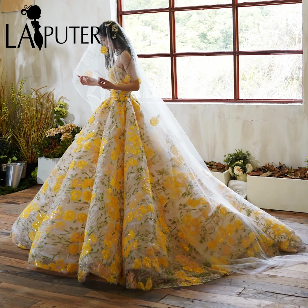 Floral Yellow Lace Puffy Prom Dresses Off Shoulder Sweetheart Neck Evening Dress Box Pleat Flower A line Celebrity Gown 2024