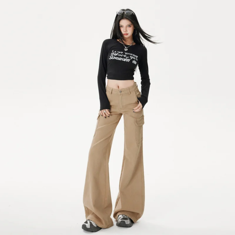 

American retro low-rise stretchy flared workwear jeans for women